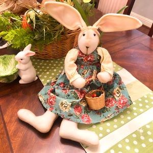 Floppy ear bunny rabbit doll in a country-style, primitive folk dress